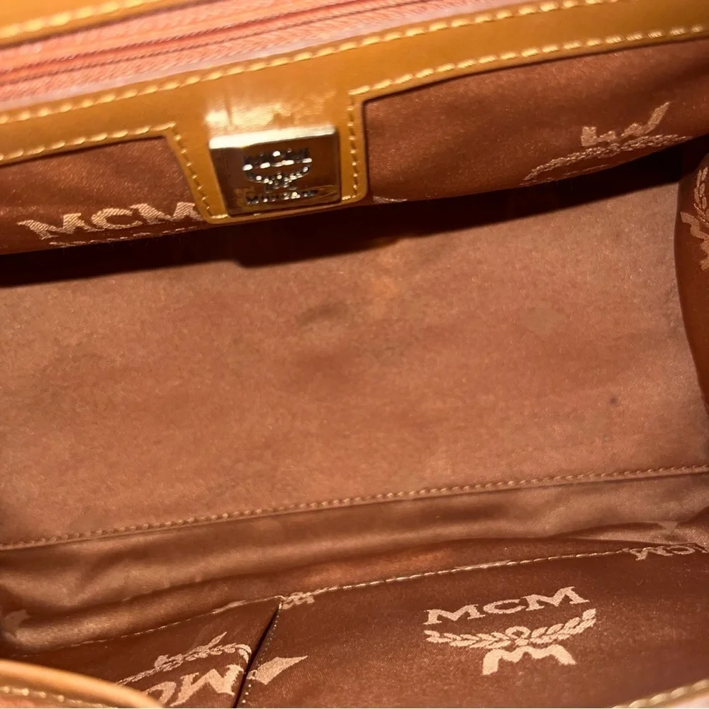 MCM Vintage Cognac Visetos Monogram Boston Satchel Bag with Gold Logo Plate